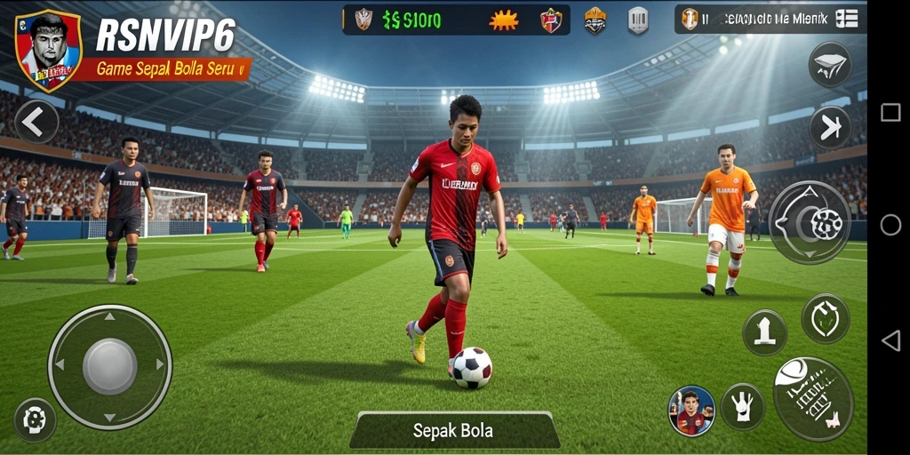 Antarmuka RSNVIP6 menampilkan aksi sepak bola yang seru dan dinamis.